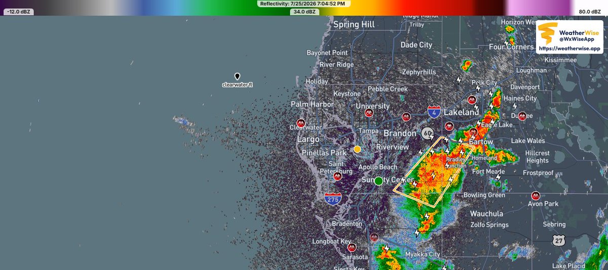 FLStormChasers_'s tweet photo. BULLETIN - IMMEDIATE BROADCAST REQUESTED
Severe Thunderstorm Warning
National Weather Service Tampa Bay Area Ruskin FL
643 PM EDT Sat Jul 25 2026

The National Weather Service in Ruskin has issued a

* Severe Thunderstorm Warning for...
  Northwestern Hardee County in central Florida...
  Northeastern Manatee County in west central Florida...
  Southwestern Polk County in central Florida...
  Southeastern Hillsborough County in west central Florida...

* Until 715 PM EDT.

* At 642 PM EDT, a severe thunderstorm was located 12 miles southeast
  of Fish Hawk, and is nearly stationary.