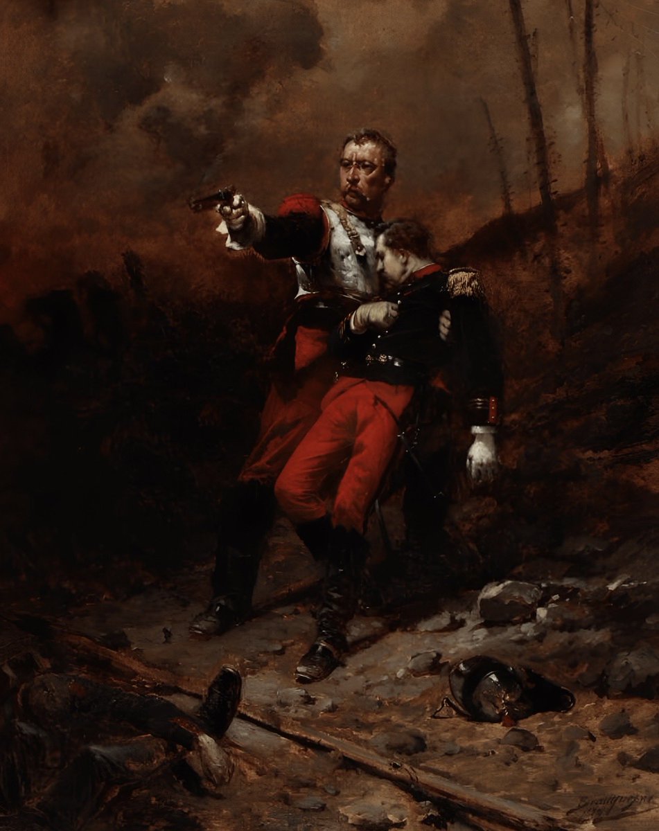 EchoesofEmpire_'s tweet photo. The painting depicts a French cuirassier defending a wounded soldier amidst the fighting of the Franco-Prussian War (1870-1871) https://t.co/O0zsmNiScD