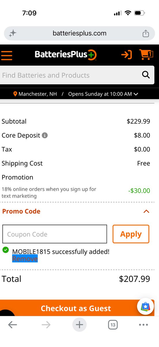 brian05440's tweet photo. @batteriesplus 
Check this screen shot. When I sign up for 18% off my online order, the order is $229.99, 18% of that is around $41 but the math on your site comes to 30 is there a way to make this right? https://t.co/pkvMymKrSb