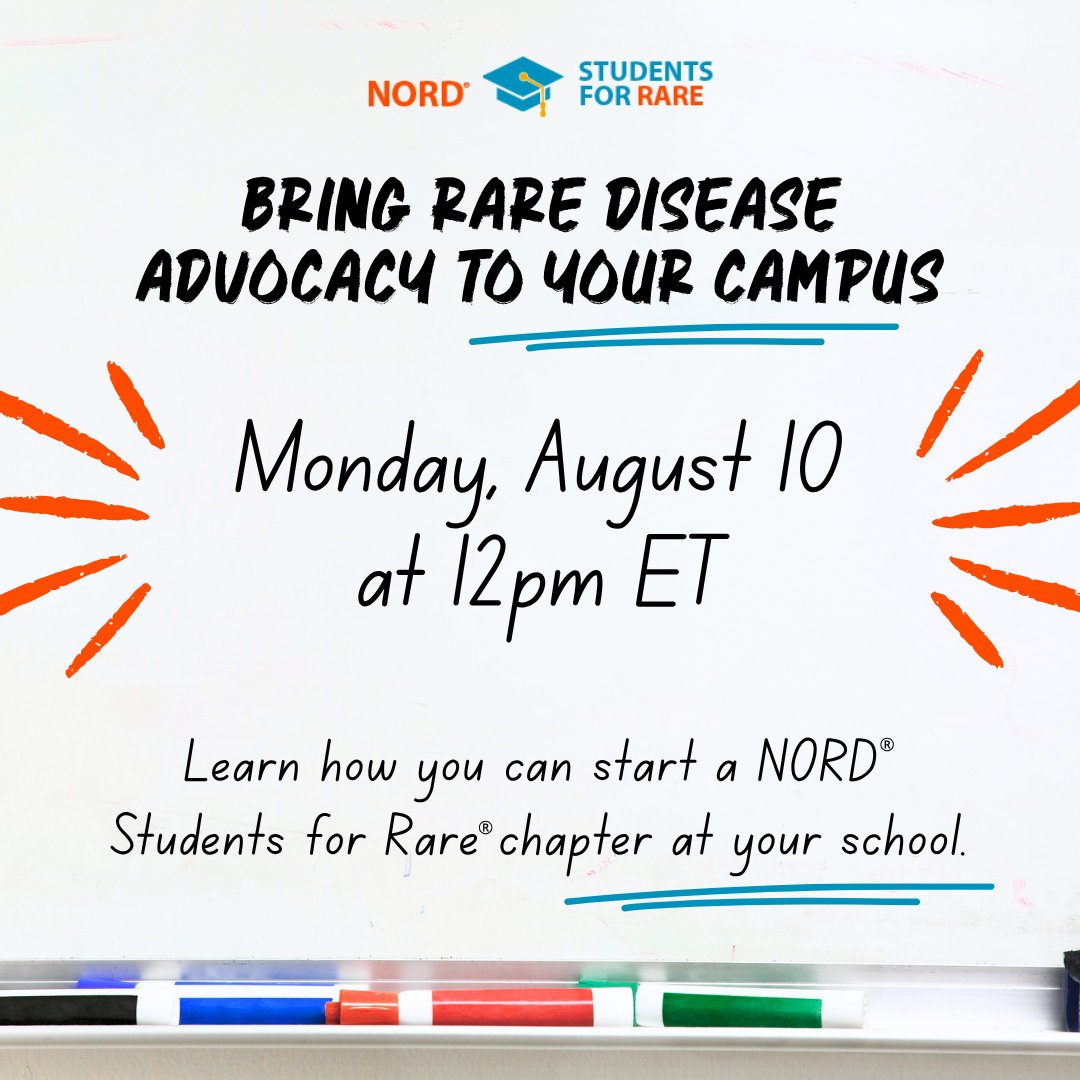 RareDiseases's tweet photo. Bring #RareDisease awareness and advocacy to your campus with NORD #StudentsForRare®.
Join our info session Monday, August 10 at 12pm ET to learn what these student-led chapters do and how to start one at your #college or #university.
RSVP: https://t.co/xAunEXOjYT https://t.co/mhO4BCWMh8