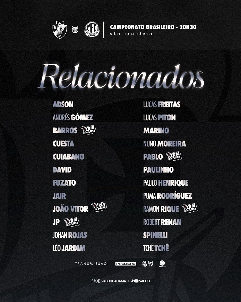 VascodaGama's tweet photo. 💢 Os relacionados do Vasco para enfrentar o Mirassol 📋

Boletim médico: 

𝐓𝐡𝐢𝐚𝐠𝐨 𝐌𝐞𝐧𝐝𝐞𝐬 𝐞 𝐁𝐫𝐞𝐧𝐧𝐞𝐫: os atletas apresentam sintomas de gastroenterite viral, com piora do quadro ontem.

Sem condições clínicas, não estão à disposição para o jogo diante do Mirassol. 

#VASxMIR 
#RelacionadosVasco
#VascoDaGama