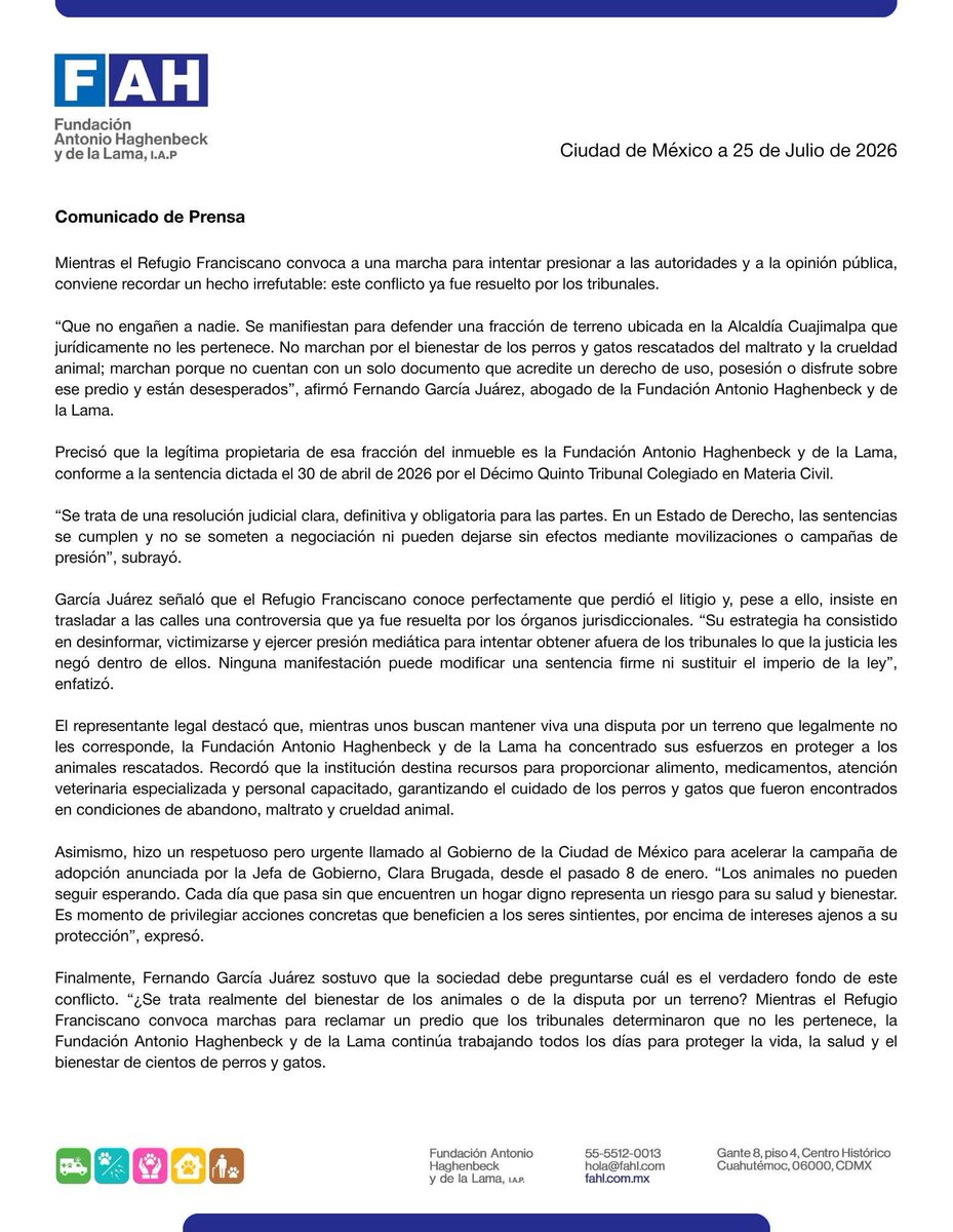 AbigailTor15802's tweet photo. OYE @FAHaghenbeck NO ERA MÁS BARATO RESPETAR EL TESTAMENTO DE TU FUNDADOR O YA DE PLANO HABERLE HECHO EL REFUGIO EN TEXCOCO A LOS FRANCISCANITOS Y DEJARLOS EN PAZ? 
POR CIERTO EN TU COMUNIDADO HECHO CON LAS PATAS, NO ES EL REFUGIO QUIEN CONVOCA, SOMOS NOSOTROS SOCIEDAD CIVIL https://t.co/jSuWjuiREz