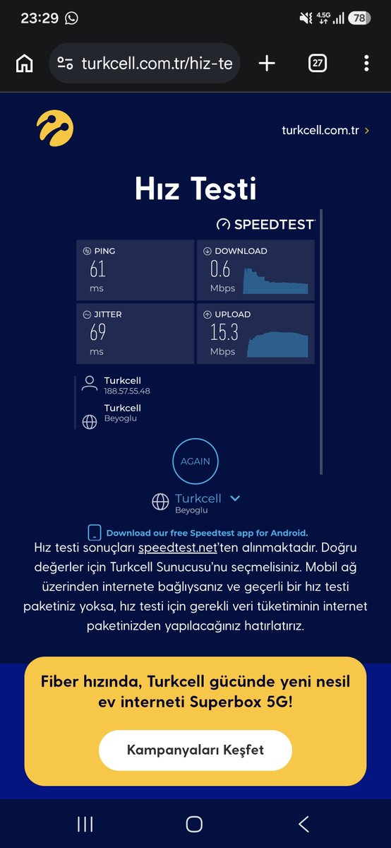 hattab9913's tweet photo. 4.5 G full çekiyor @Turkcell in verdiği hıza bak süpersiniz süper !! https://t.co/pQWxHjj8BC