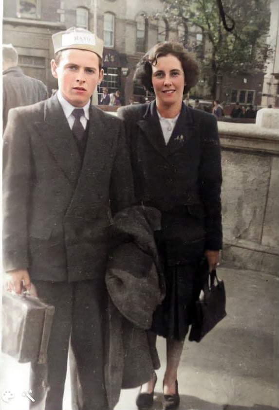 radiomidwest's tweet photo. Thank you to one of our listeners, Theresa Walsh, who sent us a photograph of her parents attending the 1951 All-Ireland final, the last time Mayo brought Sam home💚❤️

"This is my late Mam and Dad, 'Stitch' and Kitty Birrane on O'Connell St., going to the last Mayo All-Ireland final win. Look at the little paper hat, the little suitcase of sandwiches, and their Sunday best clothes. 

It took them seven hours to get there, always great supporters."
