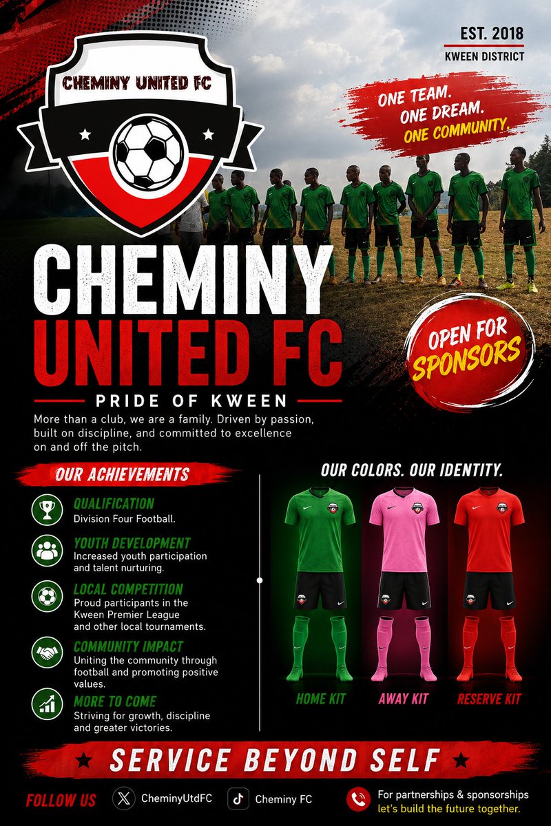 CheminyUtdFC's tweet photo. PRIDE OF KWEEN💚🖤❤️

More than a club. We are a family.  
Driven by passion. Built on discipline. Committed to excellence.  

ONE TEAM. ONE DREAM. ONE COMMUNITY.

Follow us: @CheminyUtdFC  
For #partnerships: DM us 

#CheminyUnitedFC #PrideOfKween #KweenDistrict https://t.co/n0HtNoxB6e