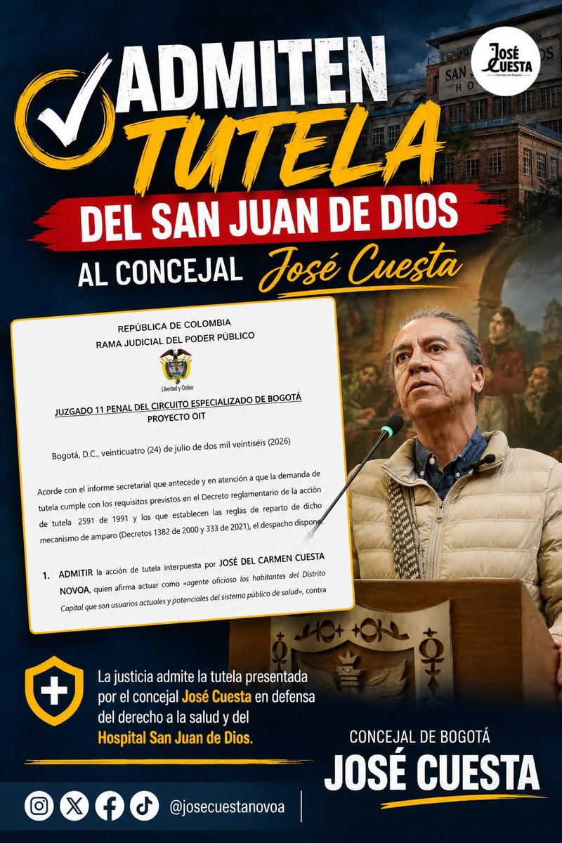 jcuestanovoa's tweet photo. Tutela para proteger al hospital San Juan de Dios-Instituto Materno Infantil, fue admitida por el juzgado 11 penal del circuito especializado de Bogotá. https://t.co/A7mVIhhaSE