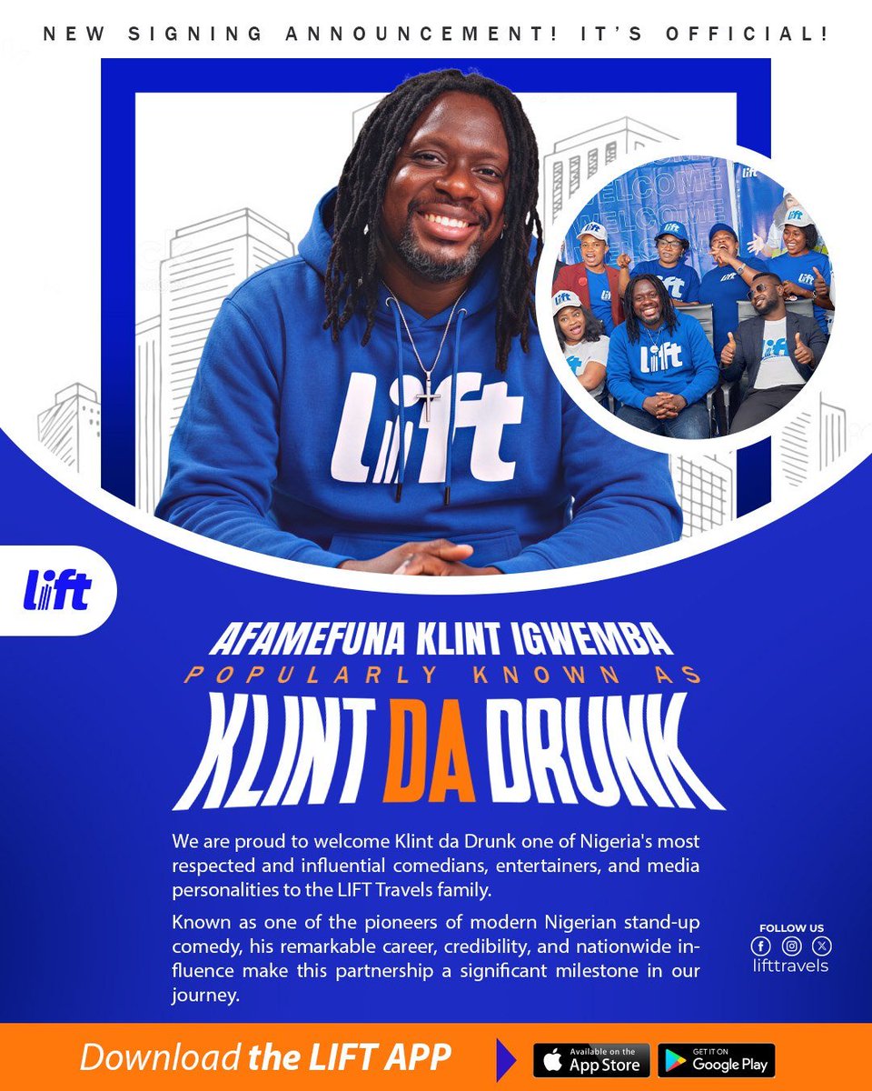 LiftTravels's tweet photo. 🚨 BIG NEWS! NEW SIGNING ANNOUNCEMENT! 🎉

Some legends don't need an introduction.

We are excited to officially welcome Klint da Drunk (Afamefuna Klint Igwemba) a true icon of laughter &amp; entertainment to the LIFT Travels family! https://t.co/lnDZ9E6wgH