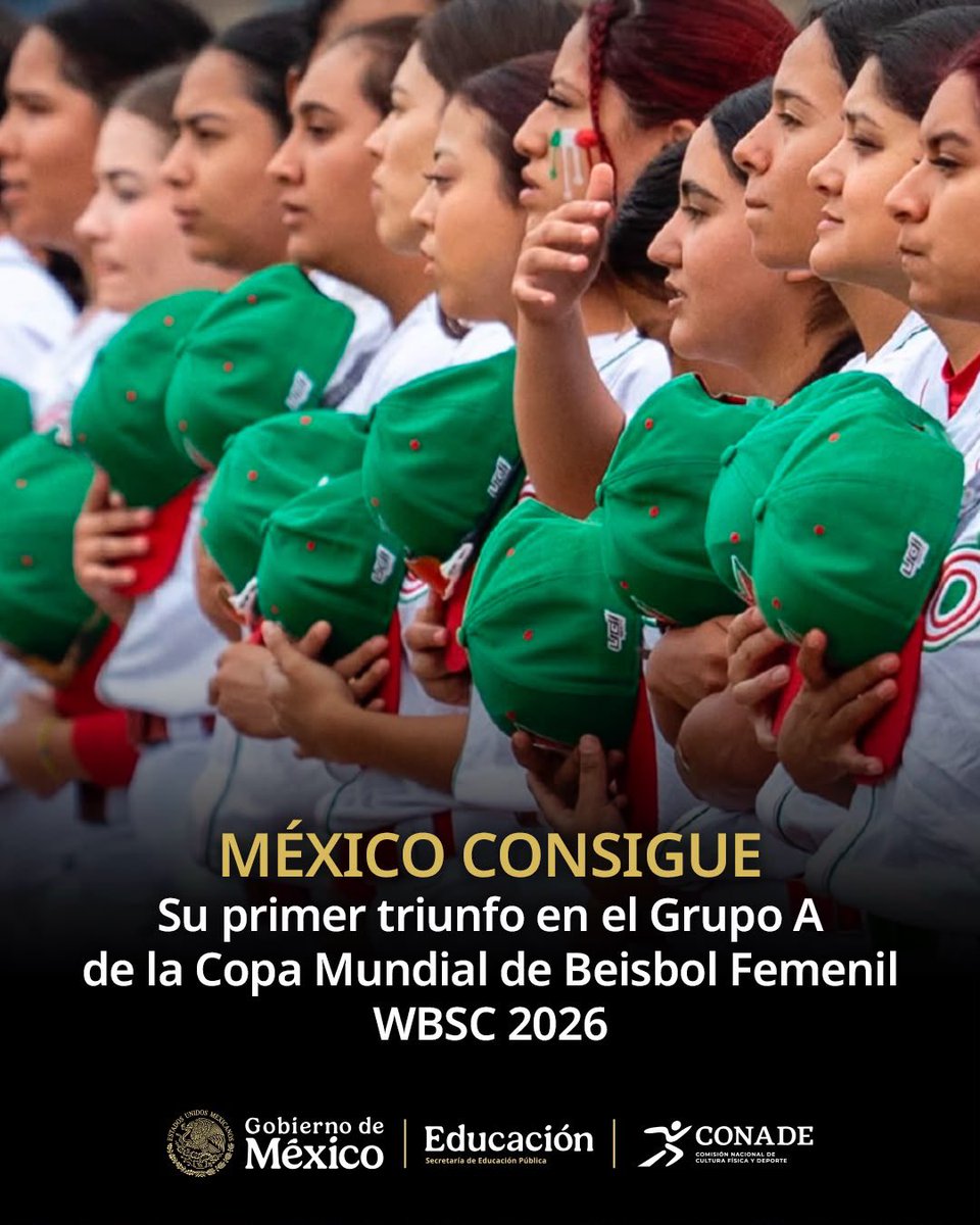 conadeoficial's tweet photo. ¡México consigue su primera victoria! 🇲🇽⚾️

La selección nacional derrotó 15-3 a Hong Kong por la regla de la misericordia para sumar su primer triunfo en el Grupo A de la Copa Mundial de Beisbol Femenil WBSC 2026, en el Rivets Stadium de Rockford, Illinois, Estados Unidos. 💪🇲🇽 https://t.co/LdKKtpDEN2
