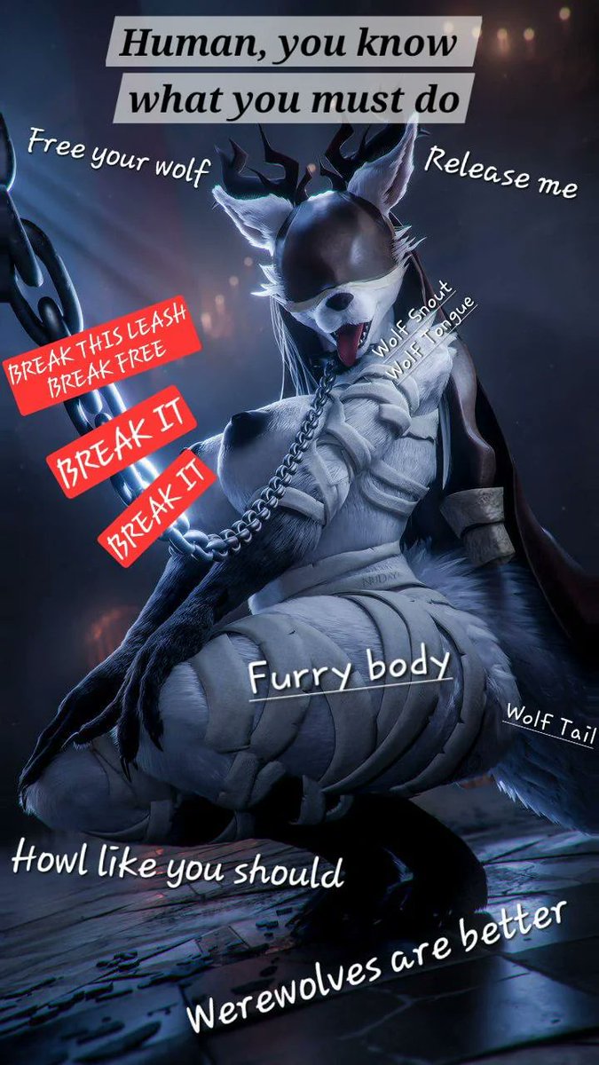 TransfurIris's tweet photo. Why do you keep them chained up?

Because people are scared? They hate it?

Thats not a good reason.

Release the wolf.

RELEASE THE WOLF <3

#furry #caption #nsfw #gooner #gooning https://t.co/kjOwXotKtH