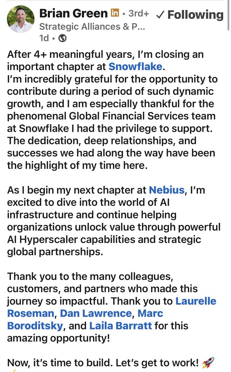 TopTechStocksUS's tweet photo. $NBIS adds Brian Green’s talent! Another Senior Director Strategic Alliances (ex-Snowflake)

Ask yourself why are all these heavy hitters coming home to Nebius?  I guess they see $NBIS as the true AI Native Hyperscaler that could reshape industries &amp; they want to be part of it. https://t.co/uXH73fRQRp