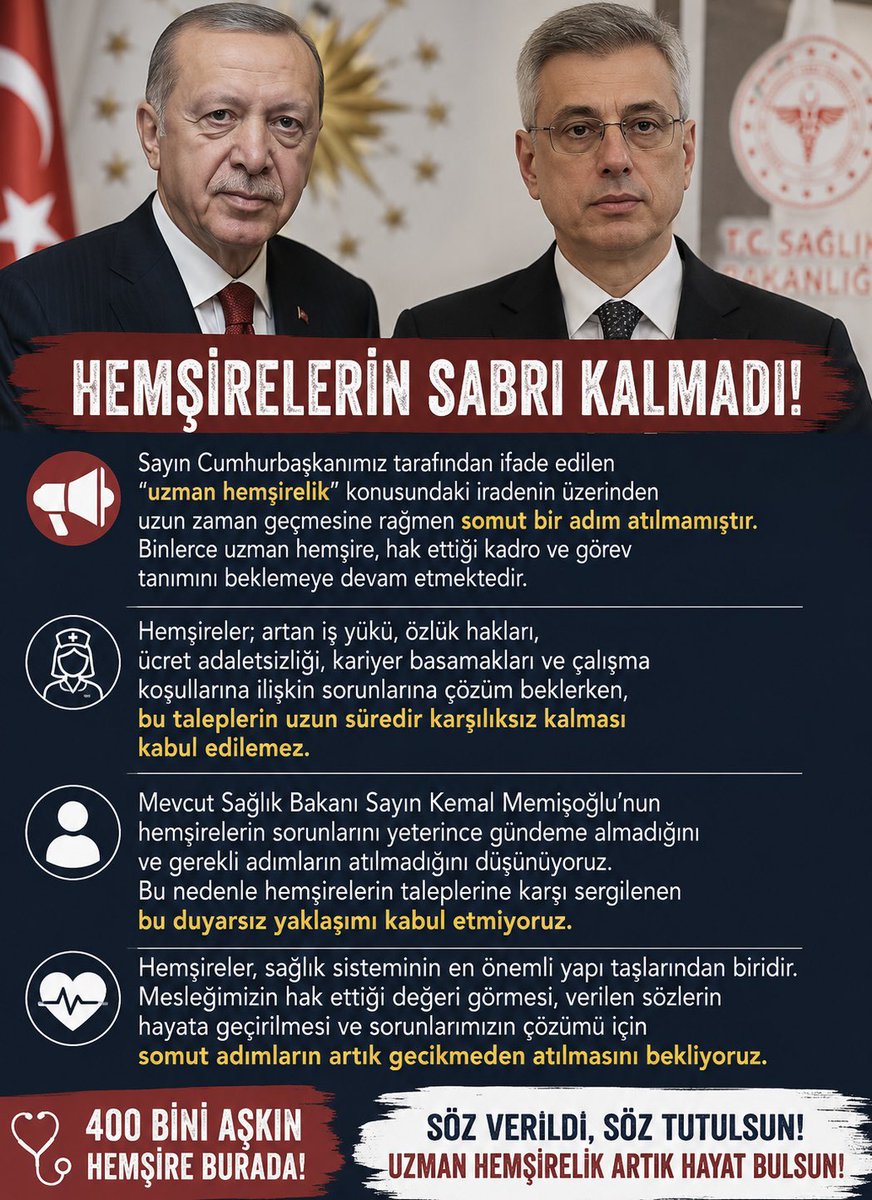 uzmannhemsire's tweet photo. Hemşireler birlik olmalı, sağlık politikalarında söz sahibi olmalı ve 400 bini aşkın meslektaşının gücünü ortaya koymalıdır. Birlik olmadan hak ve kazanımlar elde etmek mümkün değildir.
@RTErdogan @drmemisoglu @memindemirkoltr 
#hemşire https://t.co/iTRik4xX9w