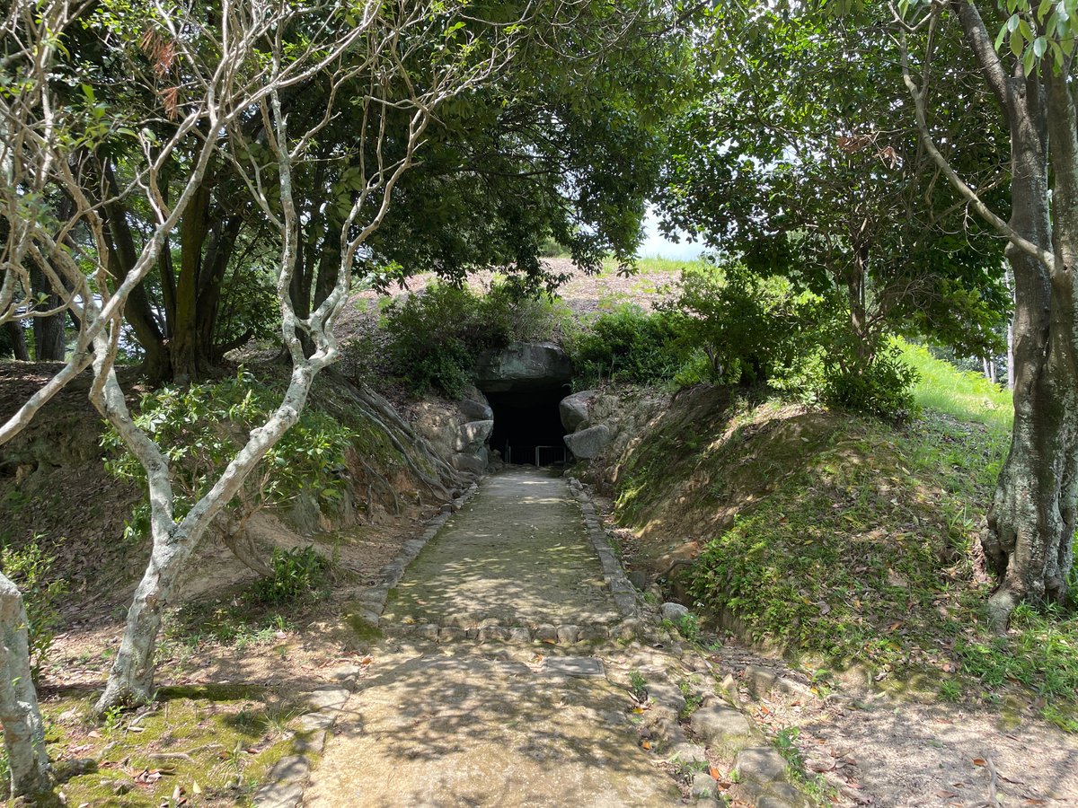 tukitanu's tweet photo. 【 岡山旅行08－こうもり塚古墳 】
羨道（えんどう）に入ると気温がぐっと下がり涼しい。足元には水たまりが広がっていた。玄室正面に大きな平たい岩を立て、朱く塗られた跡が見える。風水上、赤は太陽色で最大の陽気を示す。陰気を退ける魔除けの意味があるのだろう。

6世紀後半の前方後円墳とある。すぐ近くの巨大前方後円墳・造山古墳が５世紀前半なので、それから100年以上も後のものだ。王墓山古墳は年代が書かれていなかったが、貝殻石灰岩製の石棺がここと同型なので、同じころなのだろう。

2026.07.15、岡山県総社市
https://t.co/ymEcj87n4C
