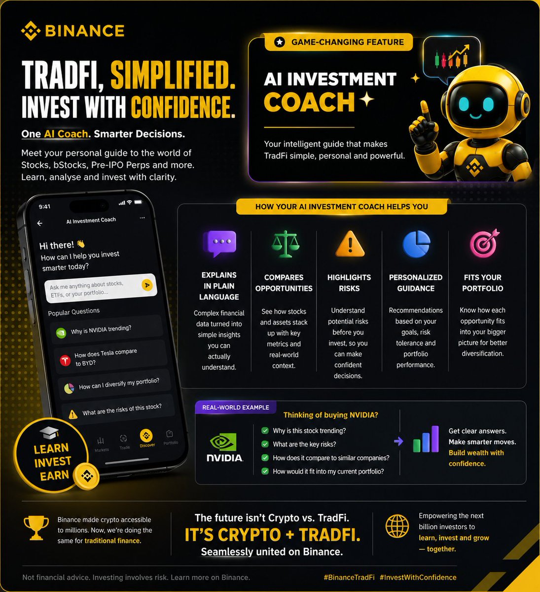 RichPrince100's tweet photo. @binance @binance  With AI Investment Coach it provides this: 1. Boosts confidence: with simple, AI-powered investment guidance. 2. Drives adoption  by making TradFi easy to understand and use. 3. Builds trust through personalised insights and smarter investment decisions. https://t.co/7DcnWf4P3R