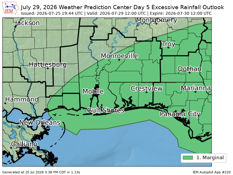 davewilson205's tweet photo. WPC issues Day 5 Marginal Risk Excessive Rainfall Outlook at Jul 25, 19:44z for MOB https://t.co/kNlVQMoZ8t https://t.co/SF9Lu6YEDu