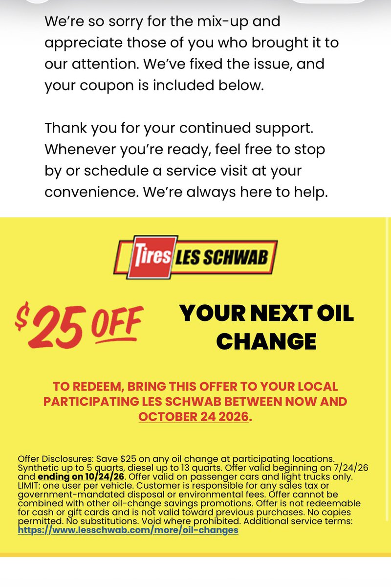Extphotography's tweet photo. Careful with this email from @LesSchwab most of their locations aren’t honoring this email. Went to a few. https://t.co/RuQhWsrnpS