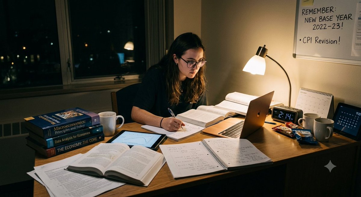 robbins_sir's tweet photo. The world is sleeping peacefully at 2 AM. 😴
​Meanwhile, Economics students:
Memorizing new base year's revised CPI baskets, and updated GDP series like our whole future depends on it.
​Goodbye 2011–12, hello 2022–23! 📊📚

​#EconLife #LateNightStudy #GDP #Economics #ExamPrep https://t.co/He5LzFOwIr
