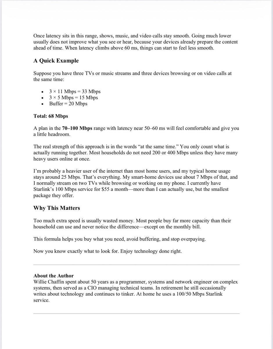 realBillChaffin's tweet photo. Most people overpay for internet because they’re sold flashy Mbps numbers they never use.
I wrote a simple formula that helps regular households figure out what they actually need — using just two numbers.
The Chaffin Home Internet Formula:
#HomeInternet #InternetSpeed #TechTips #Broadband #ConsumerAdvice #Starlink