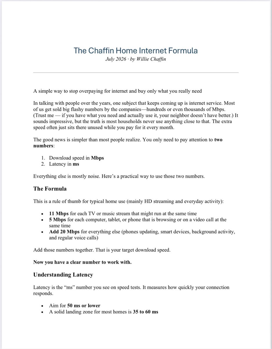 realBillChaffin's tweet photo. Most people overpay for internet because they’re sold flashy Mbps numbers they never use.
I wrote a simple formula that helps regular households figure out what they actually need — using just two numbers.
The Chaffin Home Internet Formula:
#HomeInternet #InternetSpeed #TechTips #Broadband #ConsumerAdvice #Starlink