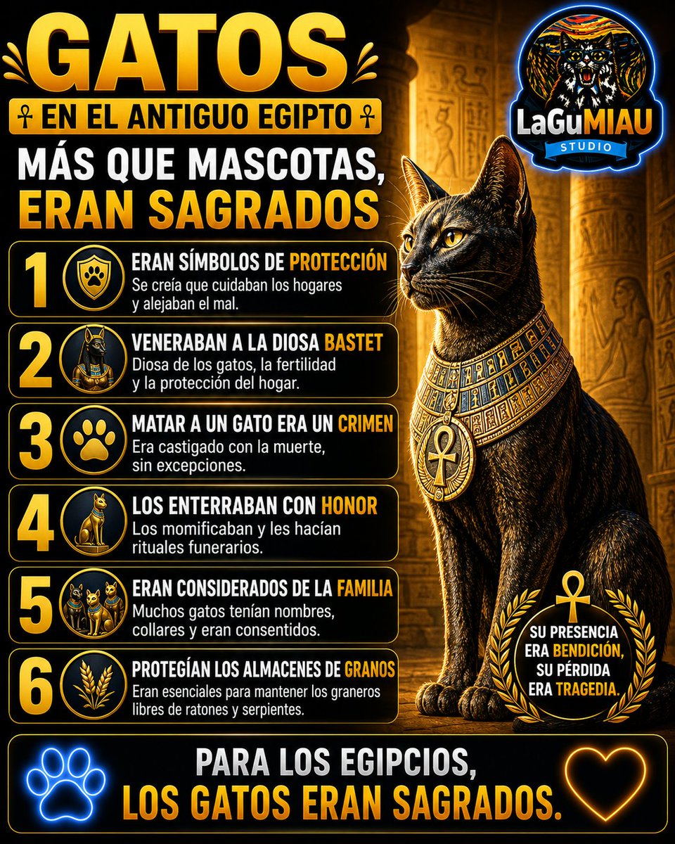 LaGu819044's tweet photo. En el Antiguo Egipto, los gatos eran mucho más que simples animales de compañía. Eran símbolos de protección, estaban asociados con la diosa Bastet, protegían los graneros de plagas y recibían un trato tan especial que incluso eran momificados y honrados tras su muerte.
#gatos https://t.co/mKcireaaAM
