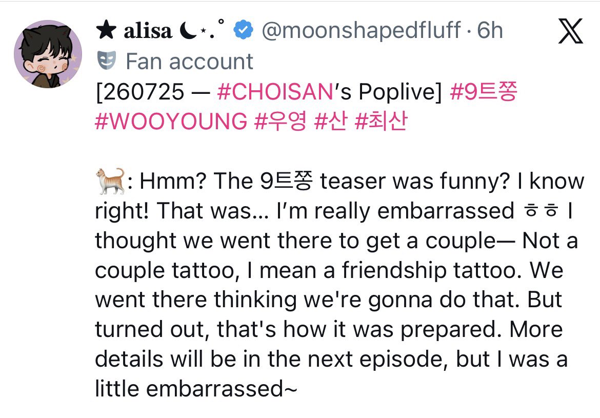 moonshapedfluff's tweet photo. San nearly saying “couple tattoo” and quickly changing it to “friendship tattoo” somehow reminds me of that time when he thought Wooyoung was gonna do a couple vlog with him and he specifically explained what the couple vlogs were like, how he said it felt like they were on a date. He really was expecting that too 😆

#woosan  https://t.co/K5UZ3j0SpM