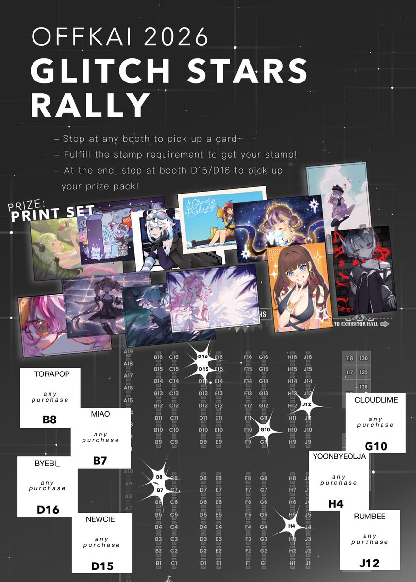 hiyorimokami's tweet photo. ⭐️ GLITCH STARS STAMP RALLY ⭐️

Hello everyone! Announcing the Glitch Stars stamp rally at #OffkaiGen5 organized and posted with permission from Newcie!!

Make any purchase at all participating booths to receive this amazing set of prints!! ❤️

Please stop by artist booths: @torapop_us @MiaoYuenCh @BYEBi_ @newcie_ @cloudlimey @yoonbyeolja @rumbeeart