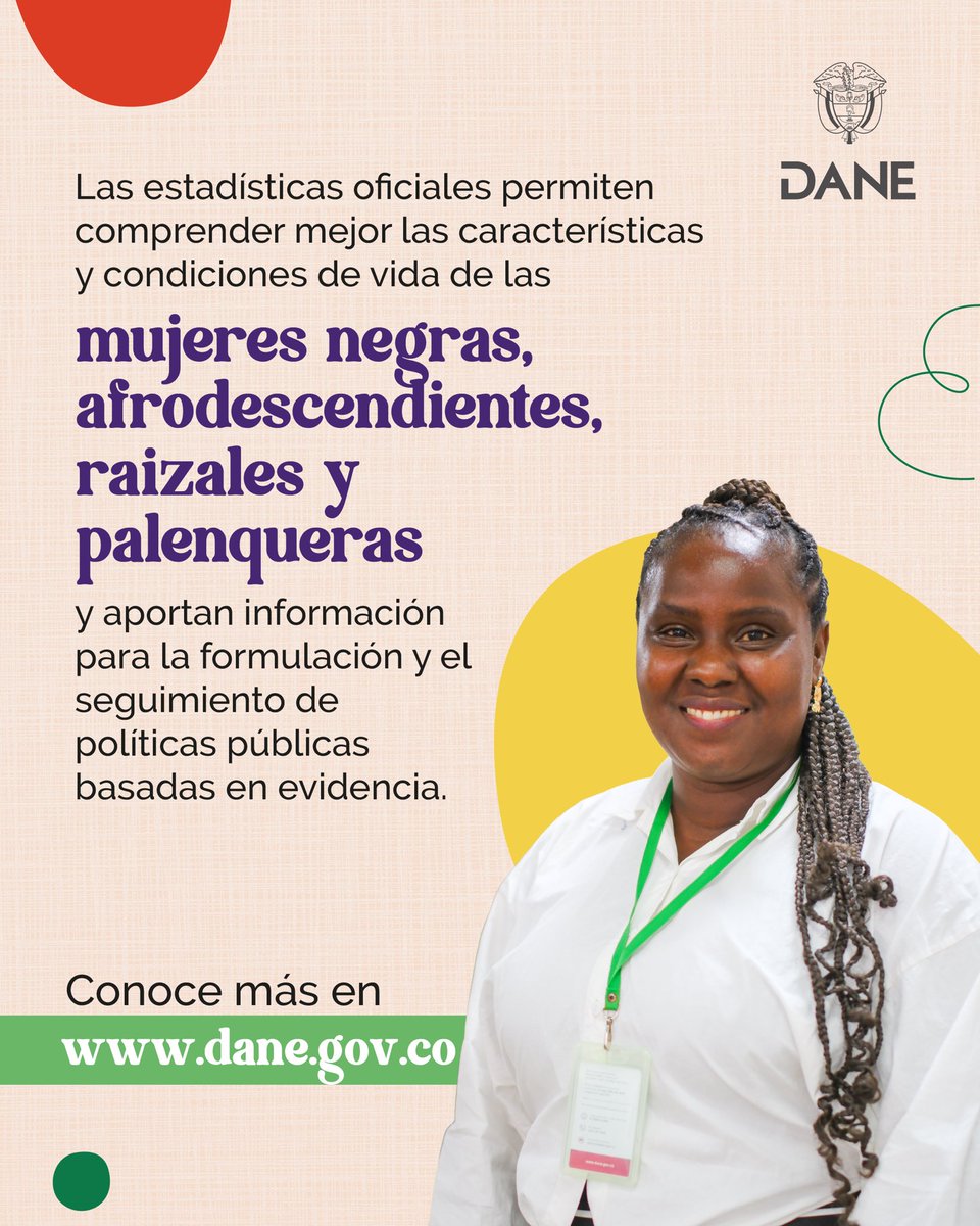 DANE_Colombia's tweet photo. ✨En el Día Internacional de las Mujeres Afrodescendientes, reafirmamos el valor de las estadísticas oficiales para conocer, comprender y reconocer la diversidad de Colombia.

Los datos permiten caracterizar las condiciones demográficas, sociales y económicas de las mujeres negras, afrodescendientes, raizales y palenqueras, aportando evidencia para la formulación, implementación y seguimiento de políticas públicas, así como para una mejor comprensión de las realidades que hacen parte de nuestro país. 📊

Conoce algunos de los principales resultados en la Encuesta Nacional de Calidad de Vida (ECV) y la Gran Encuesta Integrada de Hogares (GEIH).