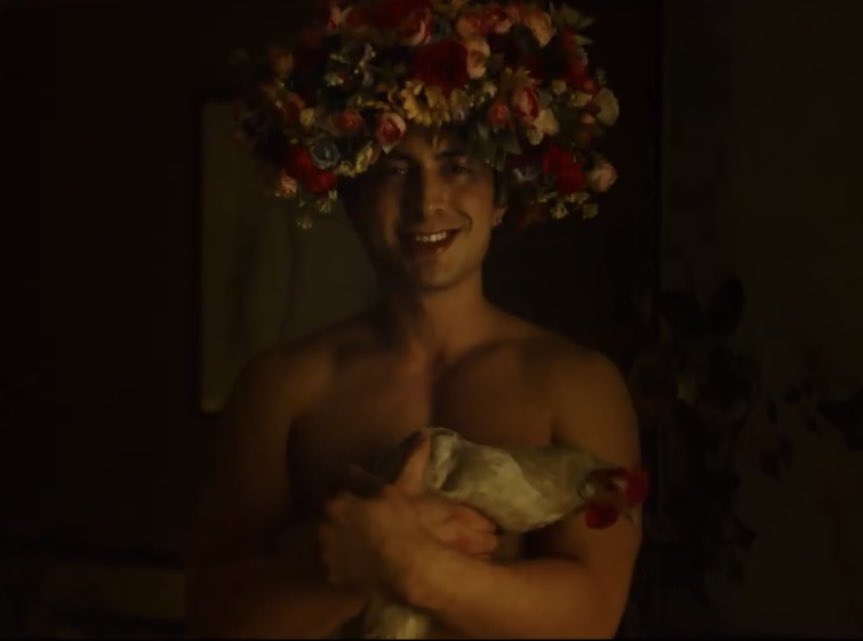 bewildered_bi's tweet photo. i hate gay halloween what do you mean you’re hudson williams as henry park in yaga wearing a floral headdress and holding a chicken and why did you bring a live chicken to my halloween party please leave https://t.co/wLkfvxzuZQ