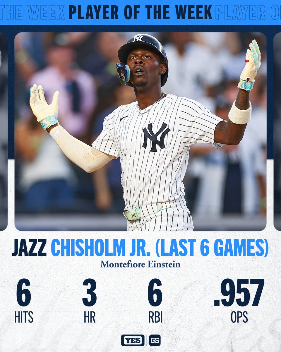 YESNetwork's tweet photo. Congrats to Jazz Chisholm Jr. on being voted the @MontefioreNYC Player Of The Week! 👏 https://t.co/zBeGlUSXqM