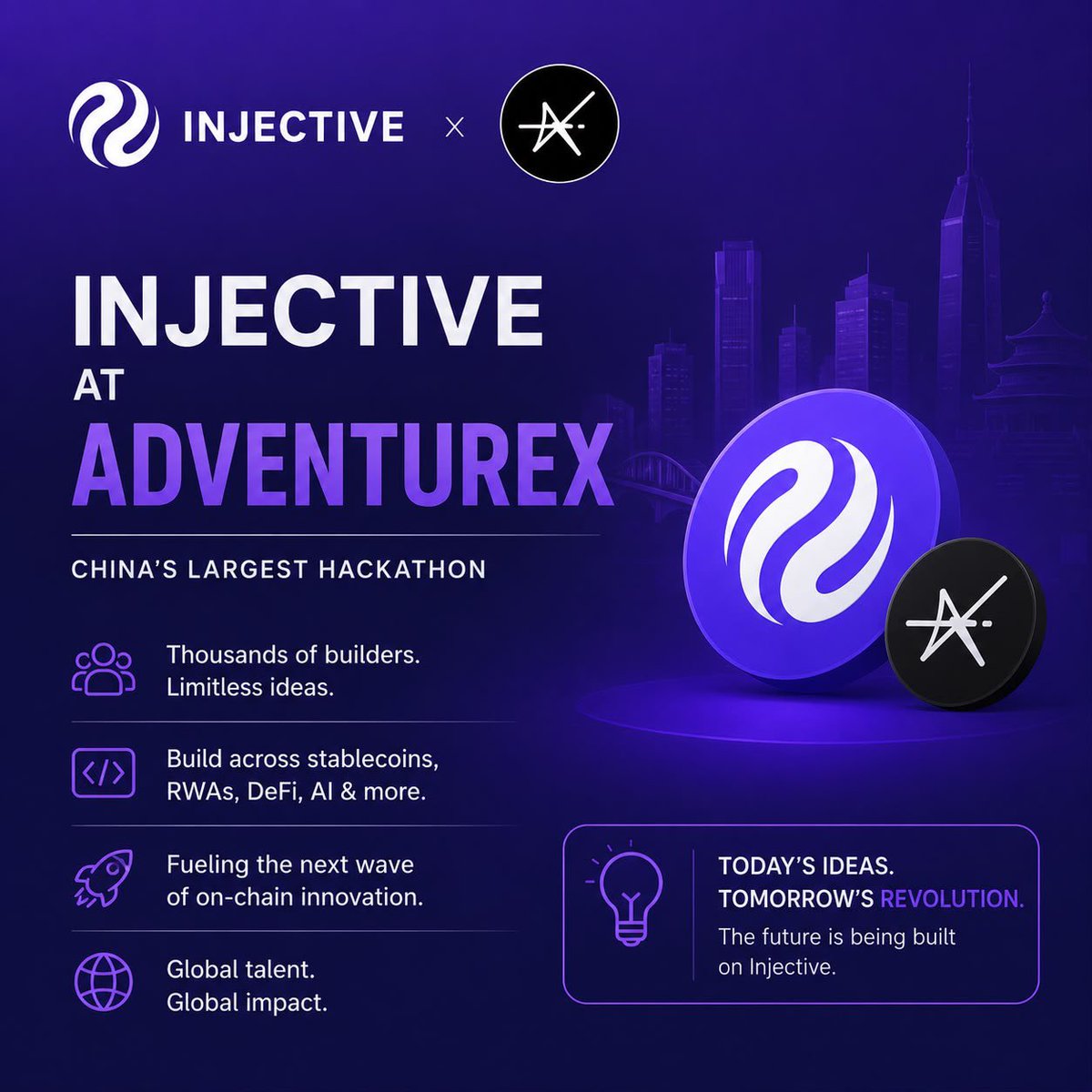 Jeffkaycee's tweet photo. While most people focus on token prices, Injective is investing in something far more valuable: developers.

This week, @injective took the stage at @adventurex_plan, China’s largest hackathon, introducing thousands of builders to the infrastructure powering the next generation of on-chain finance.

AdventureX isn’t just another tech event.

It’s one of China’s biggest hackathons, attracting thousands of developers, founders, and innovators who spend days turning ideas into working products.

These are the people building tomorrow’s blockchain applications.

Injective showcased how developers can build across multiple sectors using its infrastructure, including:

• Stablecoins
• Real World Assets (RWAs)
• DeFi
• On-chain trading
• AI-powered financial applications

The goal isn’t just to demonstrate technology, it’s to inspire developers to build with it.

Every successful blockchain ecosystem has one thing in common:

A thriving developer community.

The more builders experimenting on a network, the greater the chances of launching new apps, attracting users, increasing liquidity, and creating lasting ecosystem growth.

That’s exactly what events like AdventureX are designed to achieve.

China continues to produce some of the world’s strongest engineering talent.

By engaging directly with developers at Adventurex, Injective is planting the seeds for future innovation, connecting with builders who could create the next generation of financial applications on-chain.

This isn’t an isolated effort.

It fits into Injective’s broader vision of expanding its global developer ecosystem through hackathons, education, AI initiatives, institutional finance, and tokenized assets.

Growth starts with builders, not hype.

Infrastructure wins when people actually build on it.

Today’s presentations could become tomorrow’s breakthrough applications.

Injective isn’t just attending hackathons, it’s investing in the builders who will shape the future of decentralized finance.

The ecosystem grows one developer at a time.