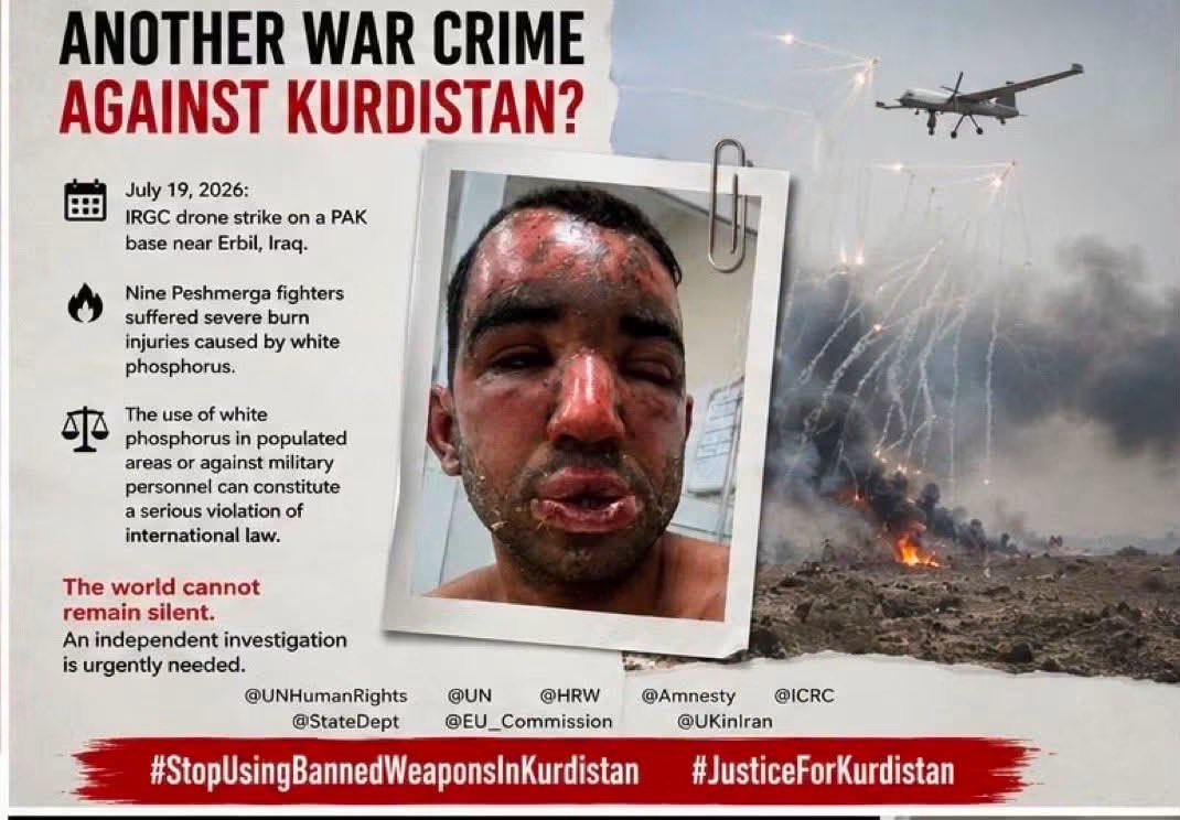 PAKenglishh's tweet photo. By using this hashtag across social media, we can help raise international awareness, increase public scrutiny, and reinforce the call for accountability for any use of prohibited weapons by the Iranian regime.

#StopUsingBannedWeaponsInKurdistan https://t.co/7EAH44N1NX