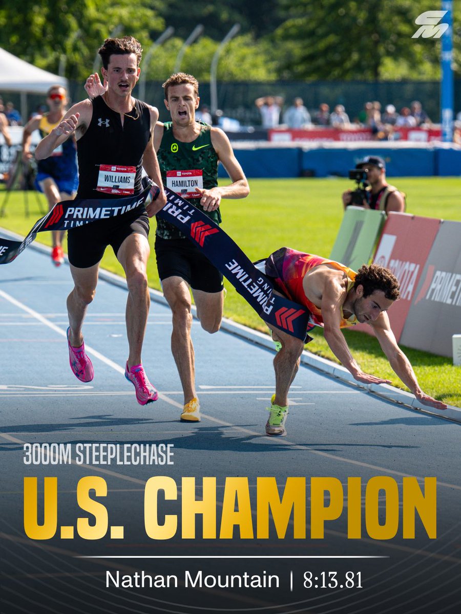 CitiusMag's tweet photo. AIN’T OVER ‘TIL IT’S OVER 🫨

A crowded race leads to a BATTLE for the win at the line as Nathan Mountain dives for a 8:13.81 victory in the #USATFoutdoor steeplechase, just beating out a hard-closing Carson Williams, second in a new lifetime best of 8:13.88.

Mountain only finished ninth in the NCAA final six weeks ago, and now he’s your U.S. national champion.