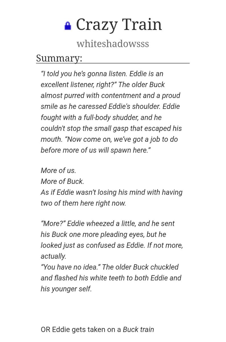 whiteshadows99's tweet photo. ✨Crazy Train✨

#bottomeddieweek day 2
✨9,6k words
✨cumdump Eddie my beloved 💙
✨featuring one Buck for every season 

⛓️https://t.co/nme9Bwp1FM⛓️ https://t.co/FNZ70vL426