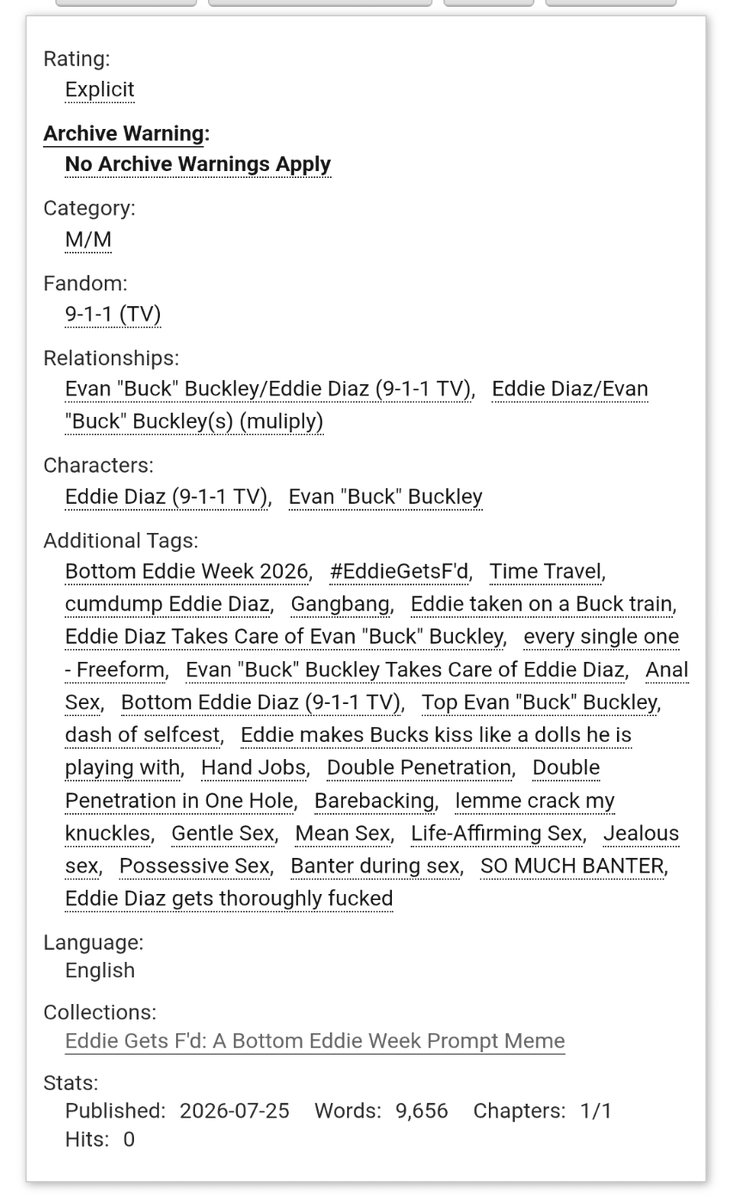 whiteshadows99's tweet photo. ✨Crazy Train✨

#bottomeddieweek day 2
✨9,6k words
✨cumdump Eddie my beloved 💙
✨featuring one Buck for every season 

⛓️https://t.co/nme9Bwp1FM⛓️ https://t.co/FNZ70vL426