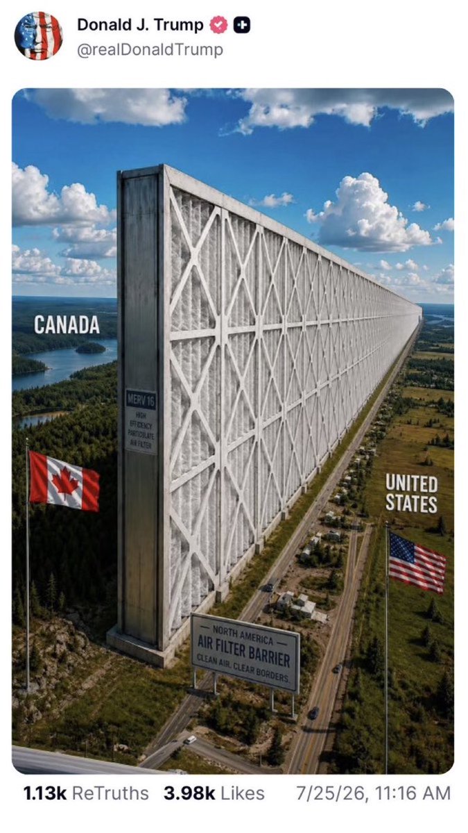 yegwave's tweet photo. Trump shares a rendering of a proposed “Air Filter Barrier” along the U.S.-Canada border amid tensions over Canadian wildfire smoke. https://t.co/RIvBWcKz9l