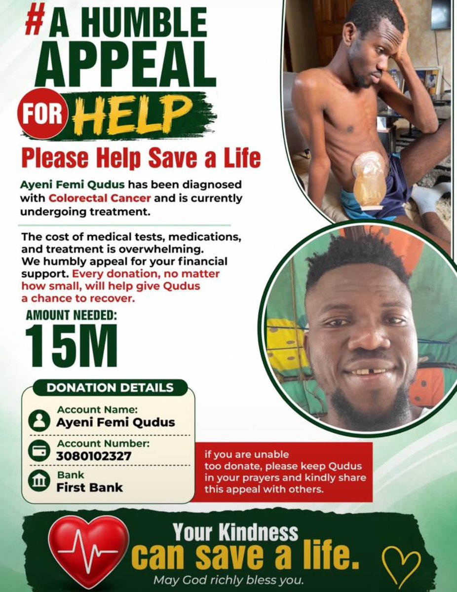 TundeSmilez's tweet photo. A CALL FOR HELP!!!! Please help donate to save Ayeni Femi Qudus who has been diagnosed with colorectal cancer. Qudus is one of the skilled printing machine operators I know and he’s a very humble and an easy going fellow. I came across the gofundme poster this evening and it really broke my heart. I didn’t know he was sick until today. 

Acct details:
3080102327 (First Bank of Nigeria)  Ayeni Femi Qudus

For more details, please contact Ayeni jamiu on 08026004276
