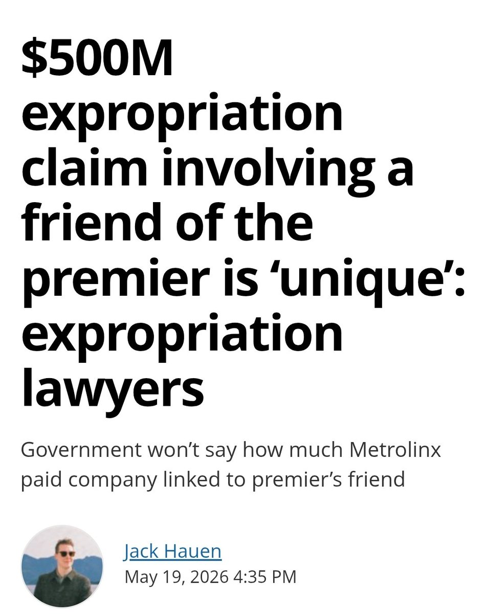 Freire1Pb's tweet photo. The Ford government is refusing to say how much taxpayer money, up to $500 million, gave to a development group that includes a very close friend of Doug Ford, over "air rights" the group allegedly didn't own.

Prabmeet Sarkaria  transportation minister said that's "private." https://t.co/zsCTqYEdiD