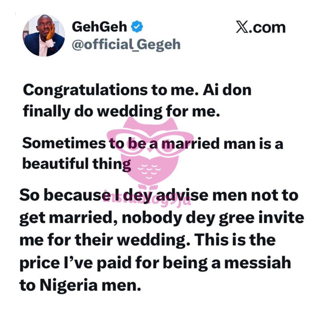 instablog9ja's tweet photo. If You See Me Get Married, the Woman Must Have Used Juju on Me— Financial Expert GehGeh Responds to Reactions Over His Wedding https://t.co/lR8ySrMO0c
