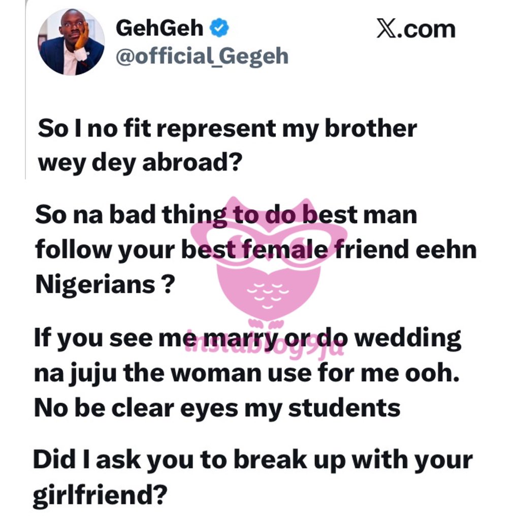 instablog9ja's tweet photo. If You See Me Get Married, the Woman Must Have Used Juju on Me— Financial Expert GehGeh Responds to Reactions Over His Wedding https://t.co/lR8ySrMO0c