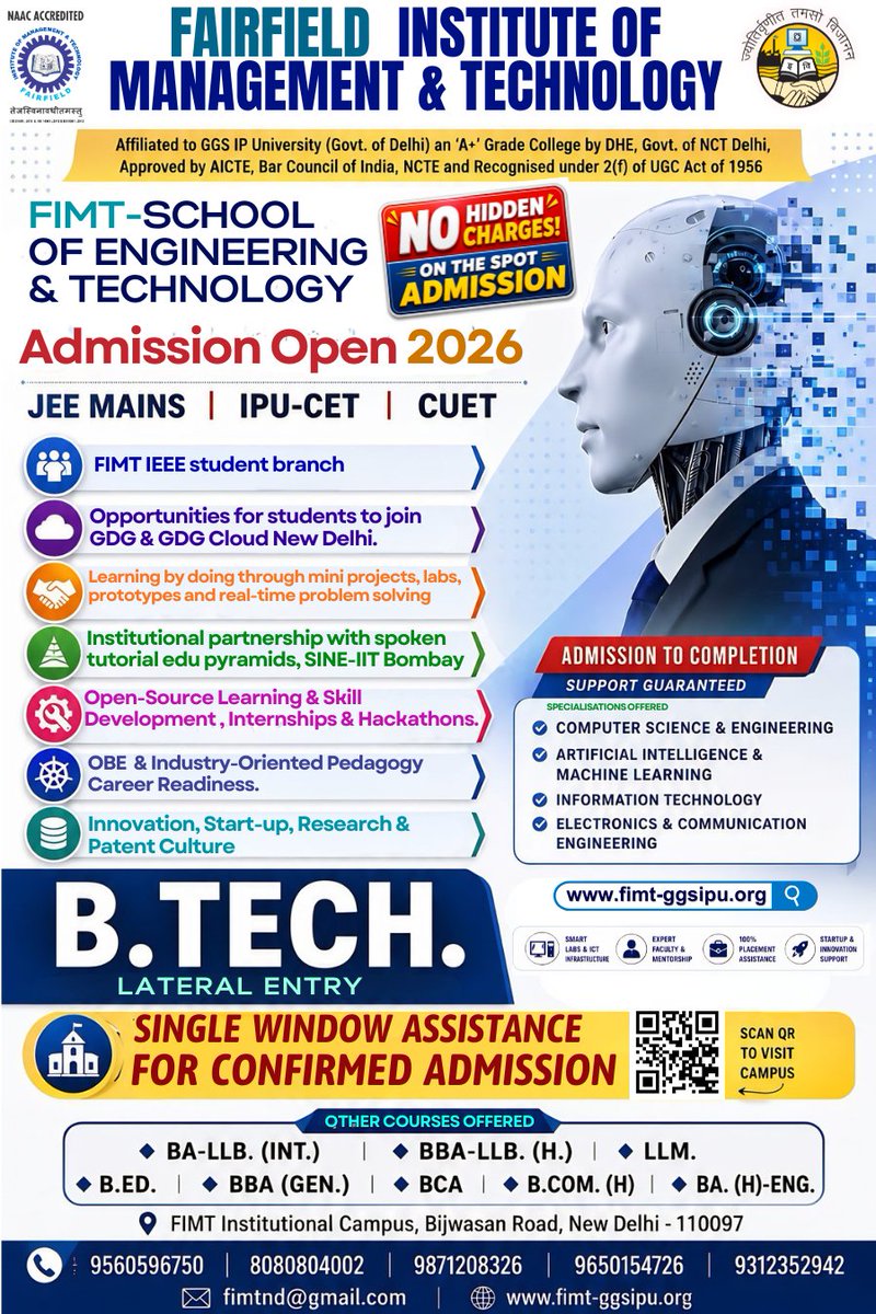 FIMTDELHI's tweet photo. GGSIPU Admissions Open | CUET | IPU-CET | CLAT | JEE-MAINS
💻 B. Tech. (CSE / IT / AI&ML / ECE)
⚖️ BA-LLB (Int.) & BBA-LLB (H.) & LLM
💼 BBA (Gen.) & https://t.co/CwePCAspGL. (H.)
📝 BA-Eng.(H.) & B.Ed. & BCA
🎟️
https://t.co/EWFon6UC6P
#FIMT #GGSIPUAdmissions #CollegeAdmissions https://t.co/Vklq4WHJ0d