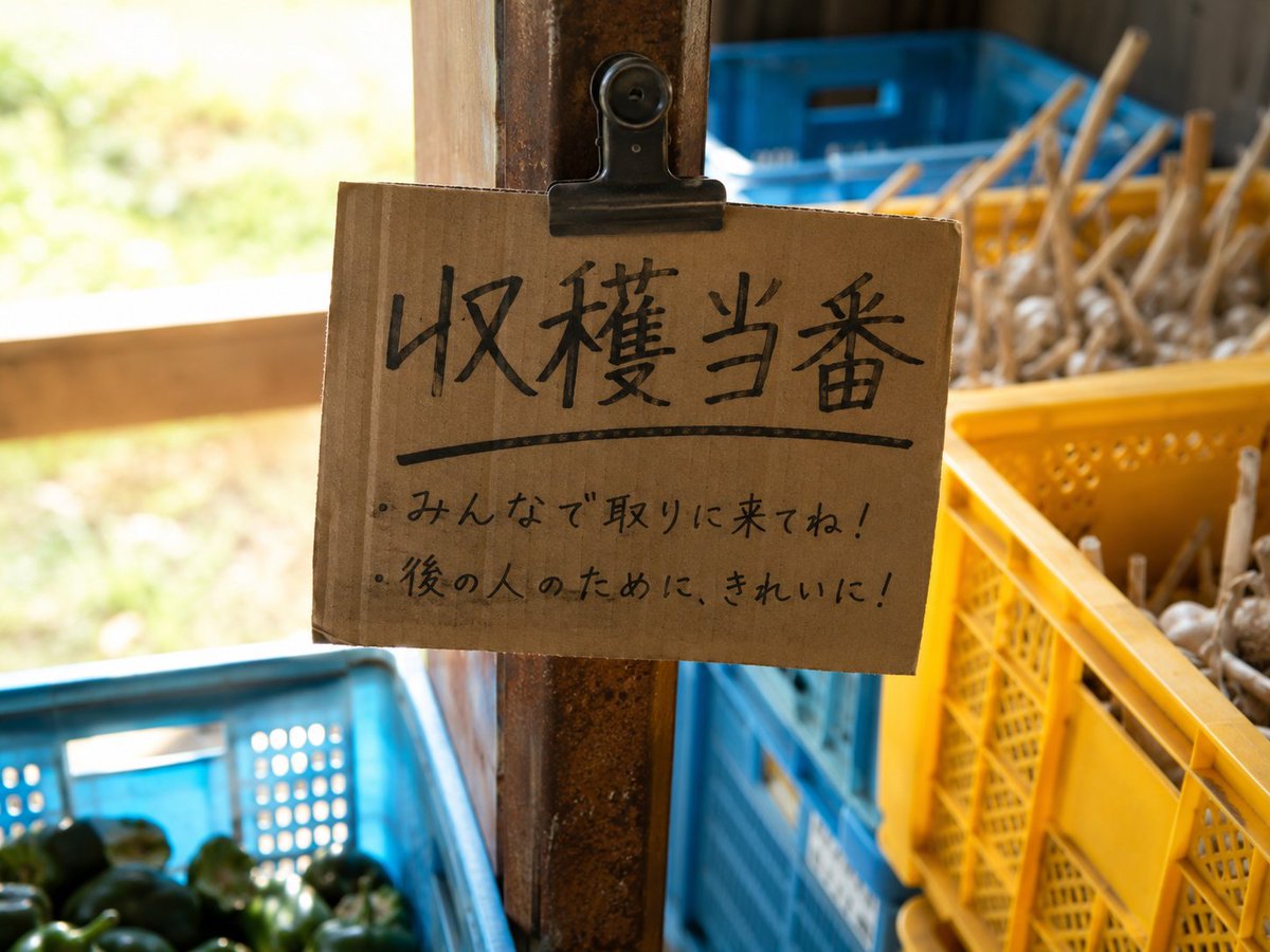 pargeitsuwa's tweet photo. 農学校で、手書きの収穫当番という札を見つけました。
社長も部長もいない集まりが、札一枚の仕組みで回っている。
立派な制度より、誰が何をやるかが見えること。
組織の根っこは、案外そういうところにあります。 https://t.co/hUPnQulLHP