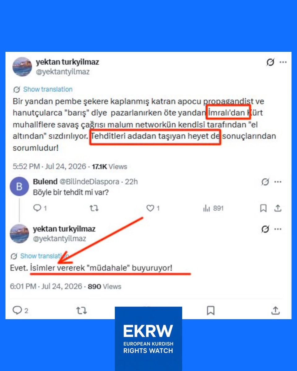 EUKurdishRights's tweet photo. Akademisyen Yektan Türkyılmaz İmralı MİT merkezinde barınan PKK terör çetesi lideri A. Öcalan'ın DEM Parti aracılığıyla Kürt aydınlarına yönelik tehdit ve saldırıda bulunma talimatları verdiğini duyurdu. Yazar Selim Çürükkaya da "Xapo tehdit savuruyor" adıyla bir video yayınladı. https://t.co/LT3R1eyIBQ