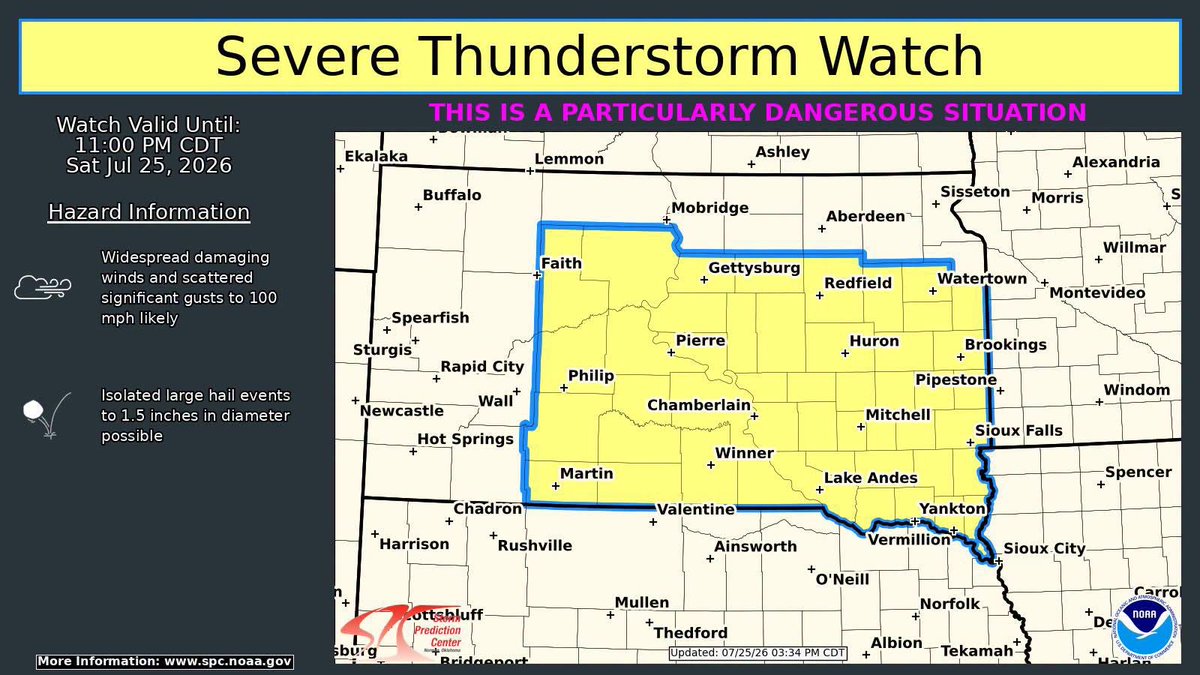 BraydenandersWX's tweet photo. A PDS Severe Thunderstorm Watch has been issued for parts of South Dakota. Wind gusts up to 100 mph are likely. This is a Particularly Dangerous Situation! https://t.co/sPj2MYa4oq