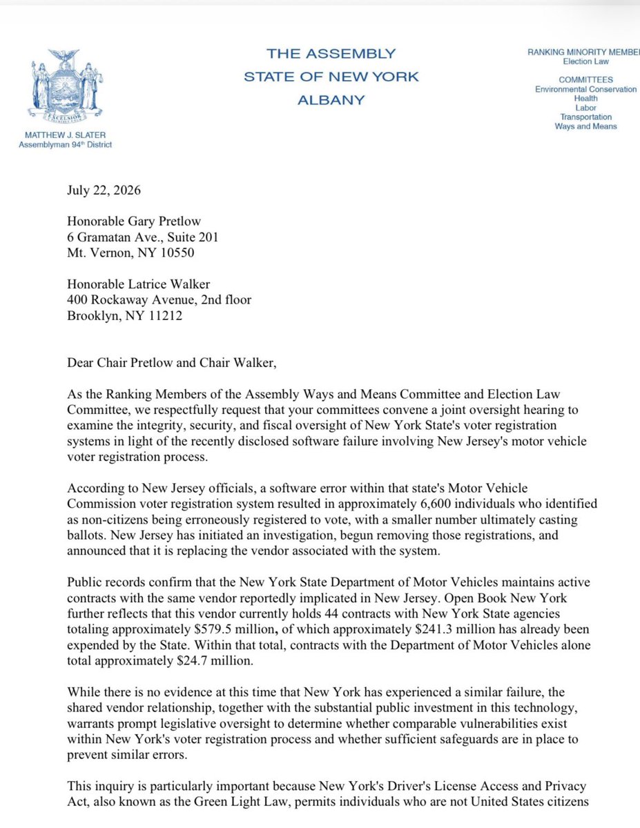 SamForNYC's tweet photo. In light of the recent discovery in NJ that 6,600 non-citizens were registered to vote due to an alleged software glitch, I’ve joined my colleague @slater4ny and @NYS_AM in calling on the Assembly Election + Ways and Means Committees to conduct an urgent oversight public hearing. 

According to NY records, the same vendor implicated in NJ has contracts here, and the public deserves full transparency to ensure NY has not been similarly affected.