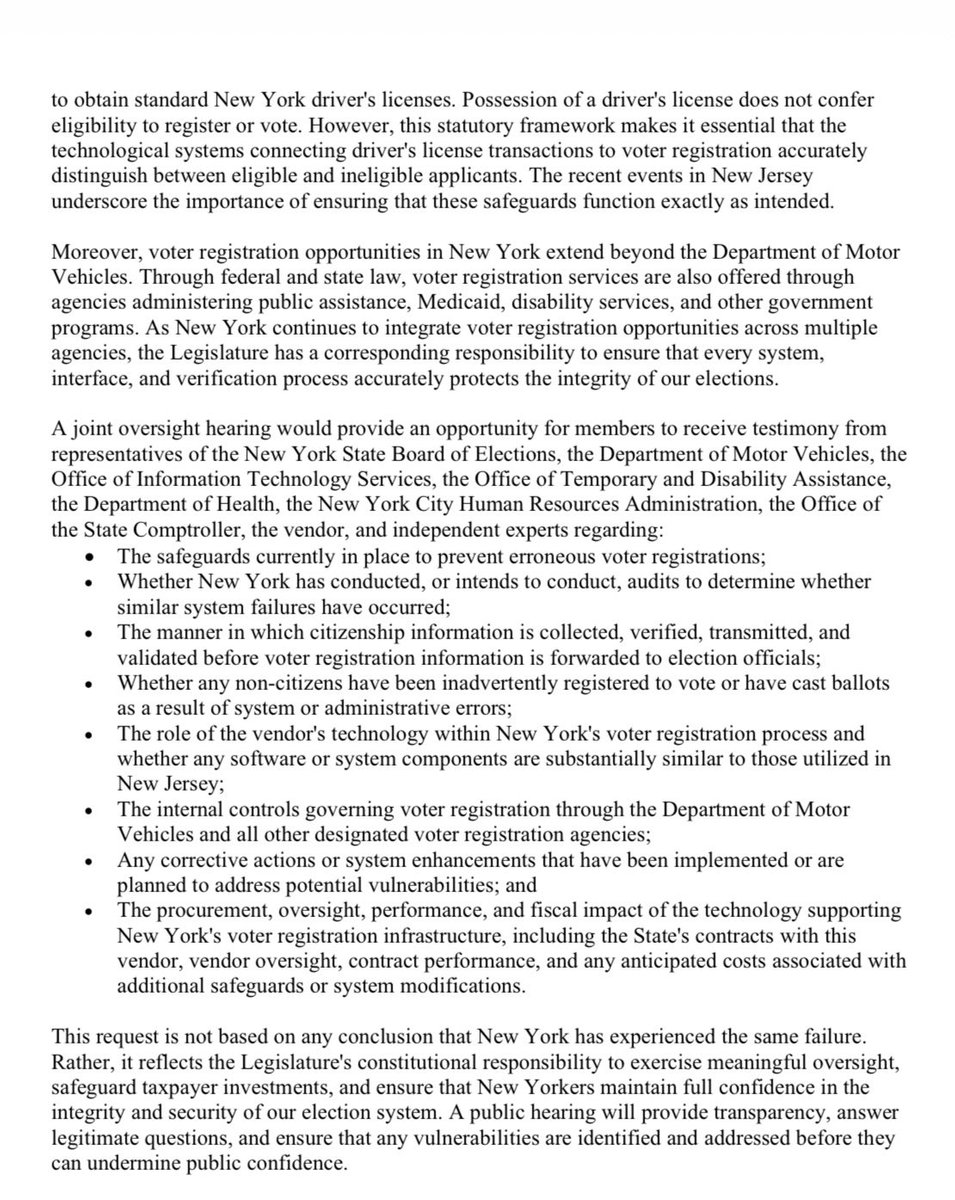 SamForNYC's tweet photo. In light of the recent discovery in NJ that 6,600 non-citizens were registered to vote due to an alleged software glitch, I’ve joined my colleague @slater4ny and @NYS_AM in calling on the Assembly Election + Ways and Means Committees to conduct an urgent oversight public hearing. 

According to NY records, the same vendor implicated in NJ has contracts here, and the public deserves full transparency to ensure NY has not been similarly affected.