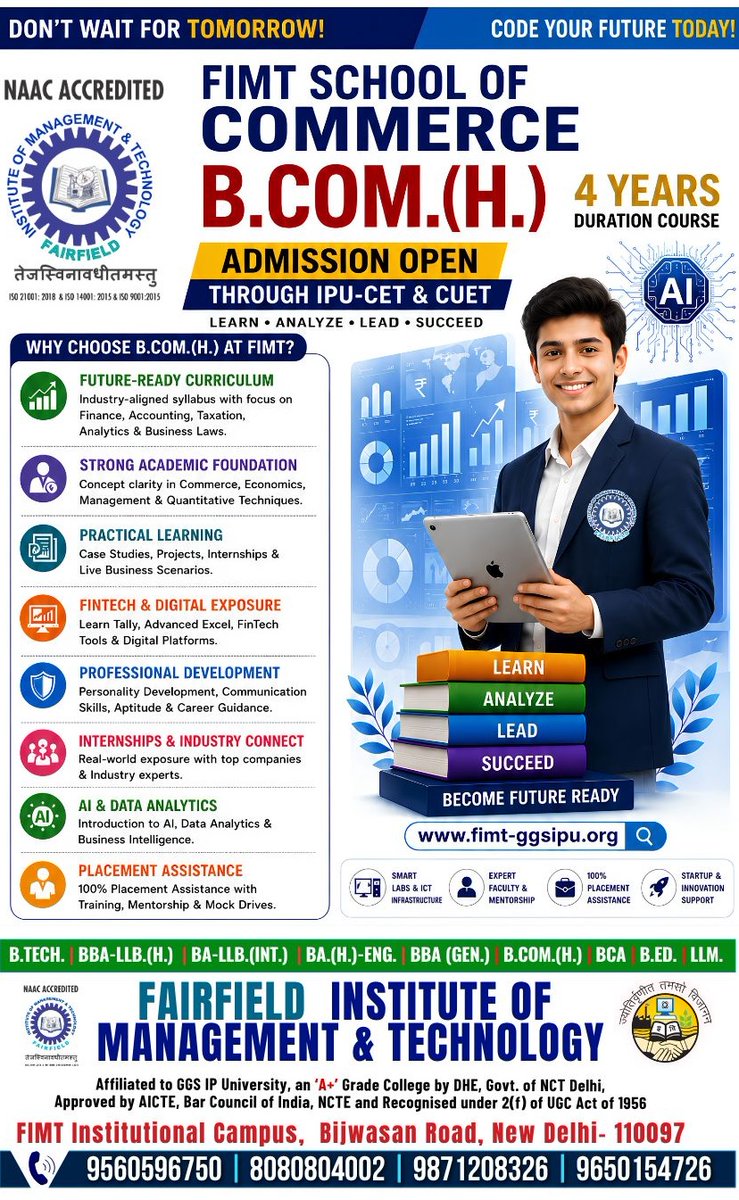 FIMTDELHI's tweet photo. GGSIPU Admissions Open | CUET | IPU-CET | CLAT | JEE-MAINS
💻 B. Tech. (CSE / IT / AI&ML / ECE)
⚖️ BA-LLB (Int.) & BBA-LLB (H.) & LLM
💼 BBA (Gen.) & B. Com. (H.)
📝 BA-Eng.(H.) & B.Ed. & BCA
🎟️ https://t.co/EWFon6V9Wn
#FIMT #GGSIPUAdmissions #CollegeAdmissions https://t.co/s2PfFTc7TW