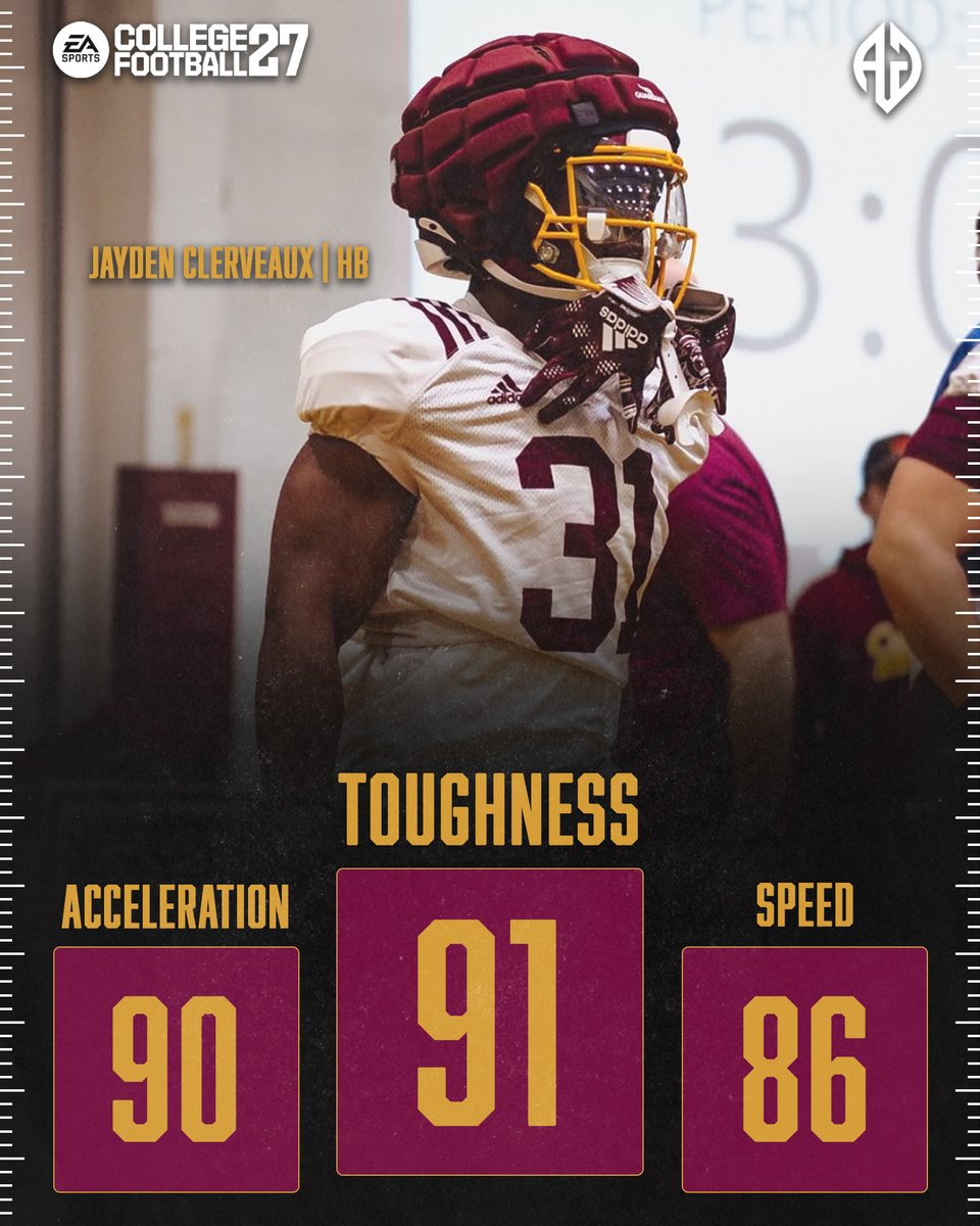 AGEDITS32's tweet photo. Louisiana has a back with serious burst. ⚡

Jayden Clerveaux officially checks in with 91 Toughness, 90 Acceleration, and 86 Speed in College Football 27.

@JaydenClerveau1 https://t.co/tVvPT5G3i4