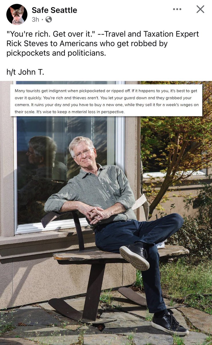 choeshow's tweet photo. Virtue signaling expert Rick Steves is now telling pick pocketing victims to basically shut the F up and be thankful for being robbed. 
This is truly the cult of progressivism. https://t.co/c1Uq3W7S5K