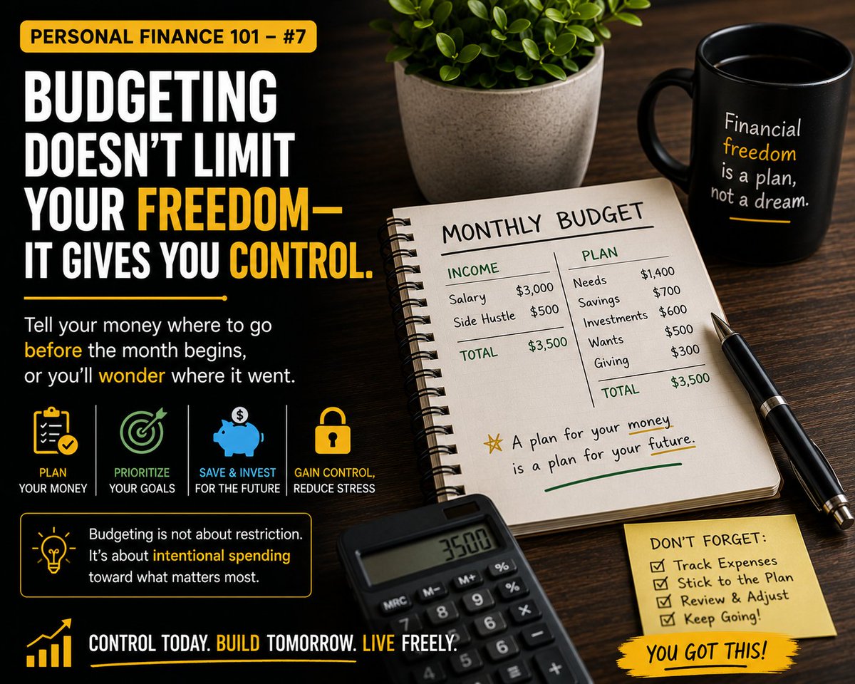 Ddndhruva's tweet photo. Personal Finance 101 – #7

🎯 Budgeting doesn't limit your freedom—it gives you control.

Tell your money where to go before the month begins, or you'll wonder where it went.

#PersonalFinance #Budgeting #MoneyTips #FinancialFreedom @YahooFinance #tranding https://t.co/PZuSvw1rCh