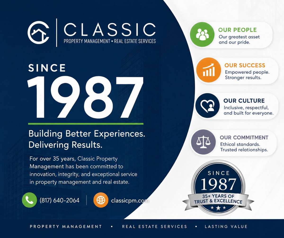 ClassicAAMC's tweet photo. 🏡 Building Better Experiences Since 1987

For nearly four decades, Classic Property Management® has proudly served the Dallas–Fort Worth Metroplex with integrity, professionalism, and exceptional customer service.

Whether you're a property owner, real estate investor, or looking for your next rental home, our experienced team is committed to helping you achieve your real estate goals with personalized service you can trust.

⭐ Established in 1987
🏆 Better Business Bureau A+ 
      Rated
📍 Serving the Dallas–Fort Worth 
      Metropolitan Area

📞 Office: (817) 640-2064
🌐 Website: https://t.co/OcQ9WJt0XK
📧 Email: inquiries@classicpm.com

Discover the Classic Difference®—where experience, integrity, and results come together.

#ClassicPropertyManagement #ClassicRealEstateServices #Since1987 #DFWRealEstate #PropertyManagement #RealEstateInvesting #RentalHomes #DallasTX #FortWorthTX #ArlingtonTX #BBBARated #TrustedSince1987 #DiscoverTheClassicDifference