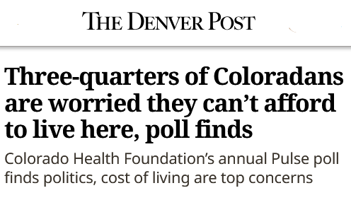 FreeStateColor1's tweet photo. Did you see this? 

"Three-quarters of Colorado residents said they were worried about  whether they would be able to afford to continue living in the state,  according to a poll conducted this spring.

"Last year, about 70% of people responding to the Colorado Health Foundation’s annual Pulse poll said they weren’t sure living here would remain financially feasible. That rose to 76% this year.

"The poll found that the majority of those sampled said they had already  cut back on entertainment spending and charitable giving, with smaller  shares saying they’d skipped meals, delayed medical or dental care, or  paid a utility bill late."